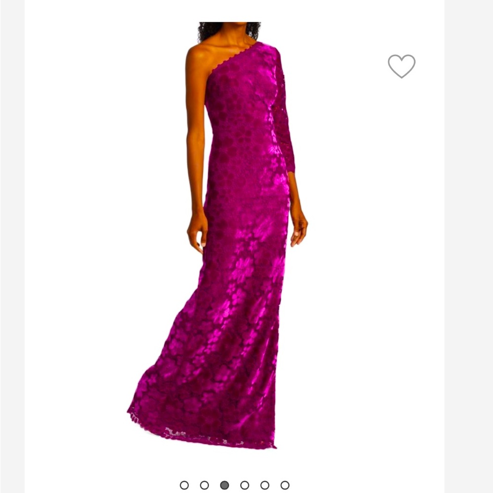Theia gown, Simone one shoulder velvet lace long gown.